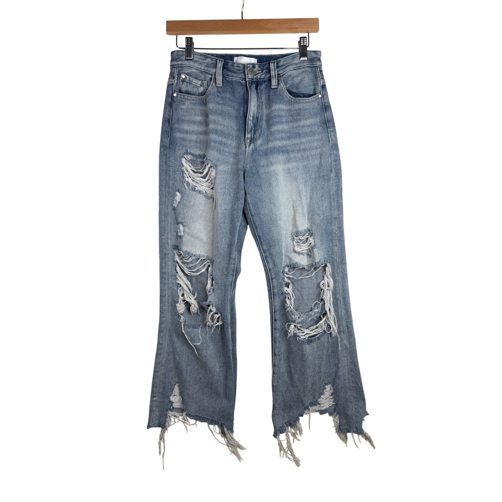 Petra 153 Distressed Wide Leg Flare Raw Hem Jeans size 3/25 Medium Blue Denim